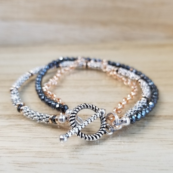 Three Row Beaded Hematite Bracelet on Toggle - Picture 4 of 8